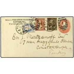 1884 (May 8) 2 c. rose red postal stationery envelope used to Constantinople/Turkey additionally fra