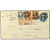 1885 (Sept 14) 5 c. blue postal stationery envelope sent registered to Hannover, Germany and up-rate