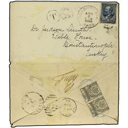 1888 Opened out envelope to CONSTANTINOPLE franked U.S. 5c. cancelled ROXBURY, Mass., duplex date st