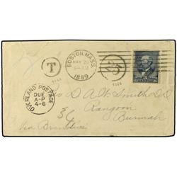 1889 (May 20) Cover from Boston to Rangoon, Burma bearing Garfield 5 c. blue, underpaid for this des