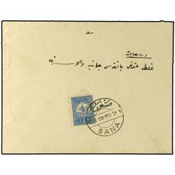 1908 SANA´A a CONSTANTINOPLA. Circulada con sello de Turquia de 1 pi azul, mat. SANA. RARO. 