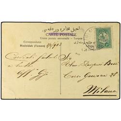 1913 HODEIDA a MILAN. Tarjeta Postal con sello de Turquia de 10 pa mat. HODEIDA. 
