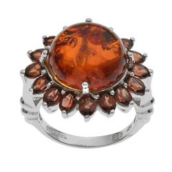 Sterling Silver Amber & Garnet Flower Ring-SZ 7