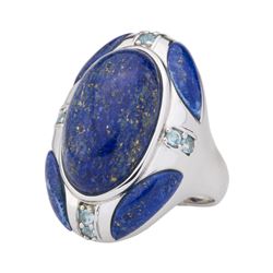 Silver Lapis & Blue Topaz North-South Ring-SZ 7