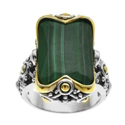 Silver Step Cut Malachite Beaded Ring-SZ 5