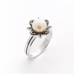 Silver Freshwater Pearl & Marcasite Ring-SZ 10