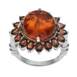 Sterling Silver Amber & Garnet Flower Ring-SZ 8