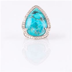 Silver Turquoise & White Zircon Halo Ring-SZ 8