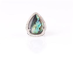 Silver Abalone & White Zircon Halo Ring-SZ 7