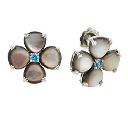 Silver Grey MOP & Blue Topaz Flower Stud Earrings