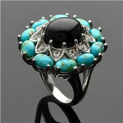 Silver Turquoise & Black Onyx Flower Ring-SZ 6