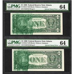 (2) Consec. 1999 $1 Federal Reserve Notes Solvent Smear ERROR PMG Ch. Uncirculated 64