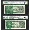 Image 1 : (2) Consec. 1999 $1 Federal Reserve Notes Solvent Smear ERROR PMG Ch. Uncirculated 64
