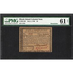 July 2, 1780 $3 Rhode Island Colonial Currency Note Fr.RI-284 PMG Uncirculated 61 Net