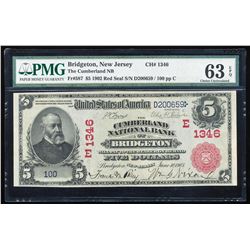 1902 Red Seal $5 Bridgeton, NJ CH#1346 National Note PMG Choice Uncirculated 63EPQ