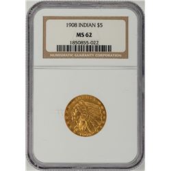 1908 $5 Liberty Head Half Eagle Gold Coin NGC MS62