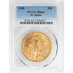 1908 $20 No Motto St. Gaudens Double Eagle Gold Coin PCGS MS64