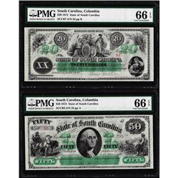 Matching Low Serial 1872 $20 & $50 South Carolina Obsolete Notes PMG Gem Unc. 66EPQ