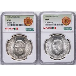Lot of (2) 1953Mo Mexico 5 Pesos Silver Coins NGC MS64