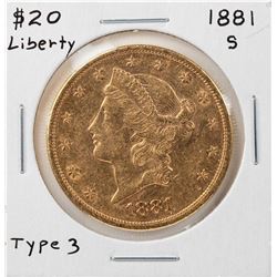 1881-S Liberty Head $20 Double Eagle Gold Coin