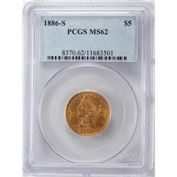 1886-S $5 Liberty Head Half Eagle Gold Coin PCGS MS62