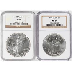 Lot of 1992-1993 $1 American Silver Eagle Coins NGC MS69