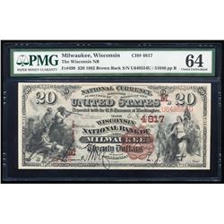 1882 Brown Back $20 Milwaukee, WI CH# 499 National Note PMG Choice Uncirculated 64