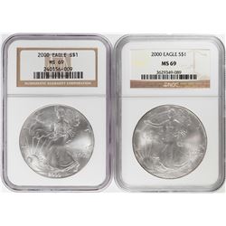 Lot of (2) 2000 $1 American Silver Eagle Coins NGC MS69