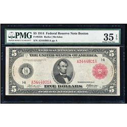 1914 $5 Federal Reserve Note Boston Fr.832b PMG Choice Very Fine 35EPQ
