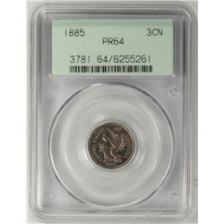 1885 Proof Three Cent Nickel Coin PCGS PR64 Old Green Holder