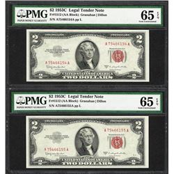 Lot of (2) Consecutive 1953C $2 Legal Tender Notes Fr.1512 PMG Gem Uncirculated 65EPQ