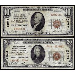 Set of 1929 $10/$20 BofA San Francisco, CA CH# 13044 National Currency Notes