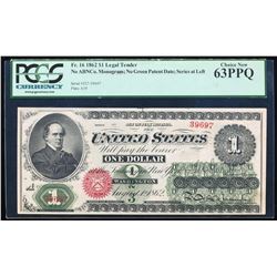 1862 $1 Legal Tender Note Fr.16 PCGS Choice New 63PPQ