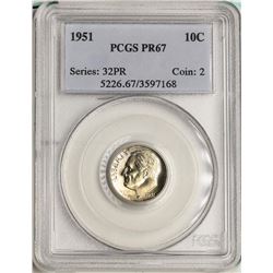 1951 Proof Roosevelt Dime Coin PCGS PR67