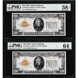 Lot of (2) Consecutive 1928 $20 Gold Certificate Notes Fr.2402 PMG Choice 58EPQ/64