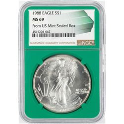 1988 $1 American Silver Eagle Coin NGC MS69 Green Core