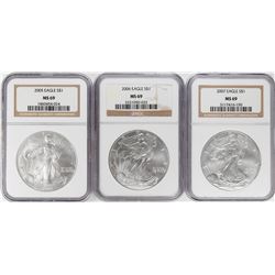 Lot of 2005-2007 $1 American Silver Eagle Coins NGC MS69