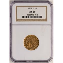 1909-D $5 Indian Head Half Eagle Gold Coin NGC MS64