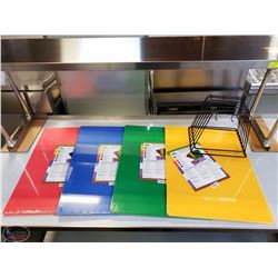 SET OF 4 MIXED COLOURED CUTTING BOARDS & RACK