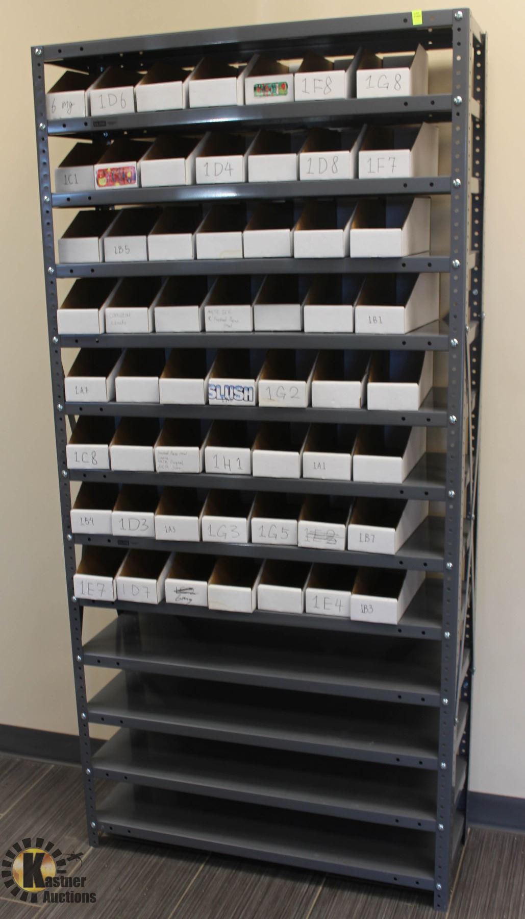 GREY ULINE 13 TIER METAL RACKING W/ CARDBOARD