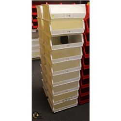 LOT OF 18 WHITE PLASTIC STACKING STORAGE BINS