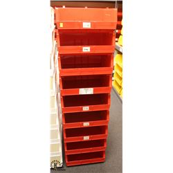 LOT OF 18 RED PLASTIC STACKING STORAGE BINS