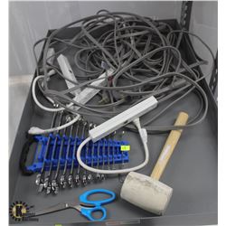 LOT OF EXTENSION CORDS, POWER BARS, METRIC WRENCH