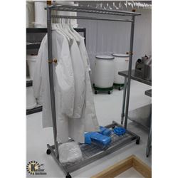 MOBILE CLOTHING RACK W/ SHOE COVERS & LAB COATS