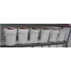 SIX WHITE 5 GALLON PAILS W/ MISC. PLASTIC & GLASS
