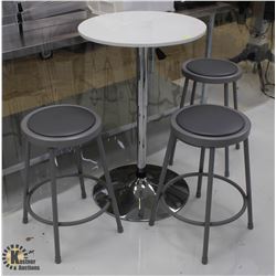 WHITE ADJUSTABLE TABLE W/ 3 GREY STOOLS