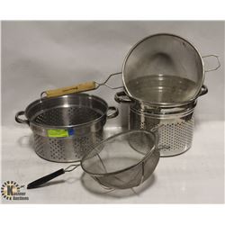 LOT OF 2 STAINLESS STEEL STRAINER POTS AND 2