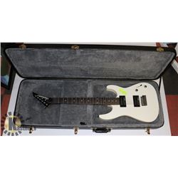 JOHNSON ELECTRIC WHITE GUITAR WITH HARD CASE.