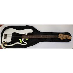 SQUIRE BASS ELECTRIC WHITE GUITAR WITH SOFT CASE.