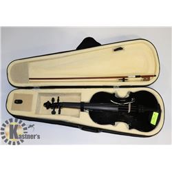 BLACK VIOLIN WITH BOW AND CASE.